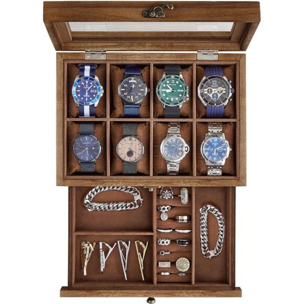 8-Slot 2-Tier Watch Display Case with Large Glass Lid, Removable Watch Pillows